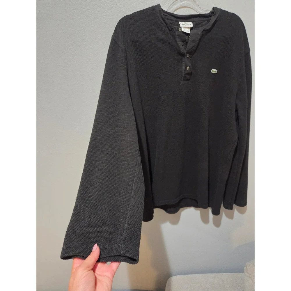Lacoste Henley Shirt Mens 9 3XL Black Excellent Waffle Knit Slim Fit F8455
